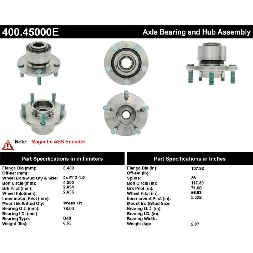 CENTRIC PARTS 400.45000E C-Tek Standard Hub and Bearing Assembly; With ABS