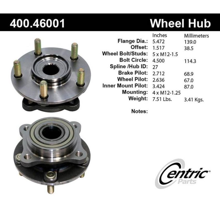 CENTRIC PARTS 400.46001 Centric Premium Hub and Bearing Assembly without ABS