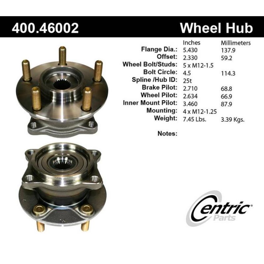 CENTRIC PARTS 400.46002 Centric Premium Hub and Bearing Assembly without ABS