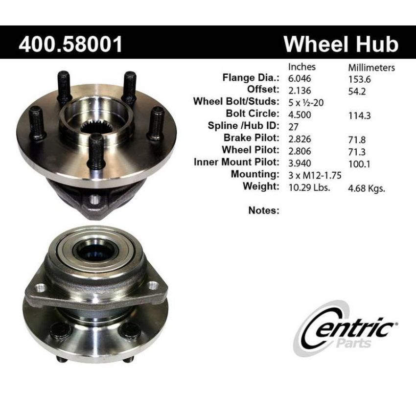 CENTRIC PARTS 400.58001 Centric Premium Hub and Bearing Assembly without ABS