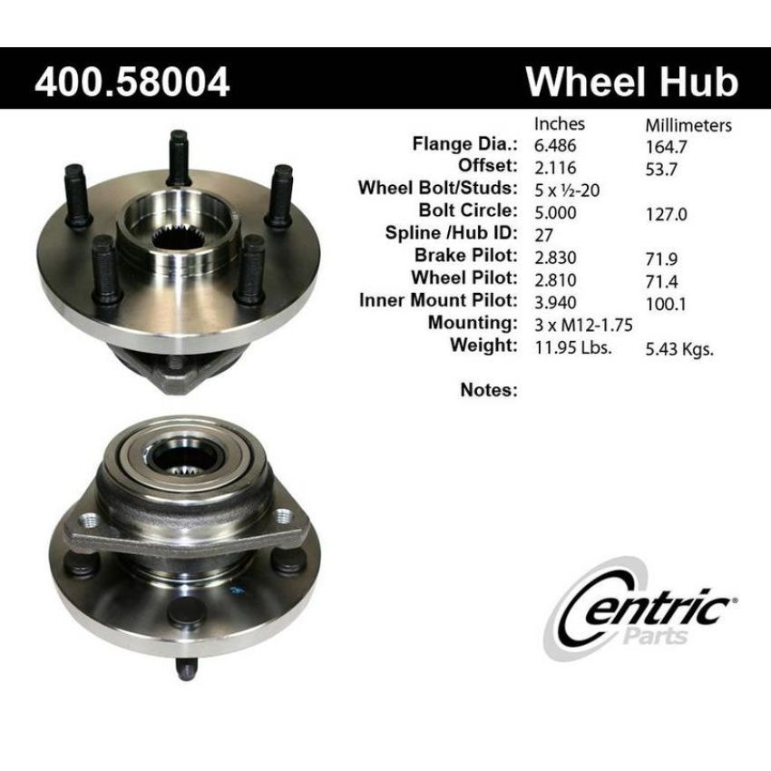 CENTRIC PARTS 400.58004 Centric Premium Hub and Bearing Assembly without ABS