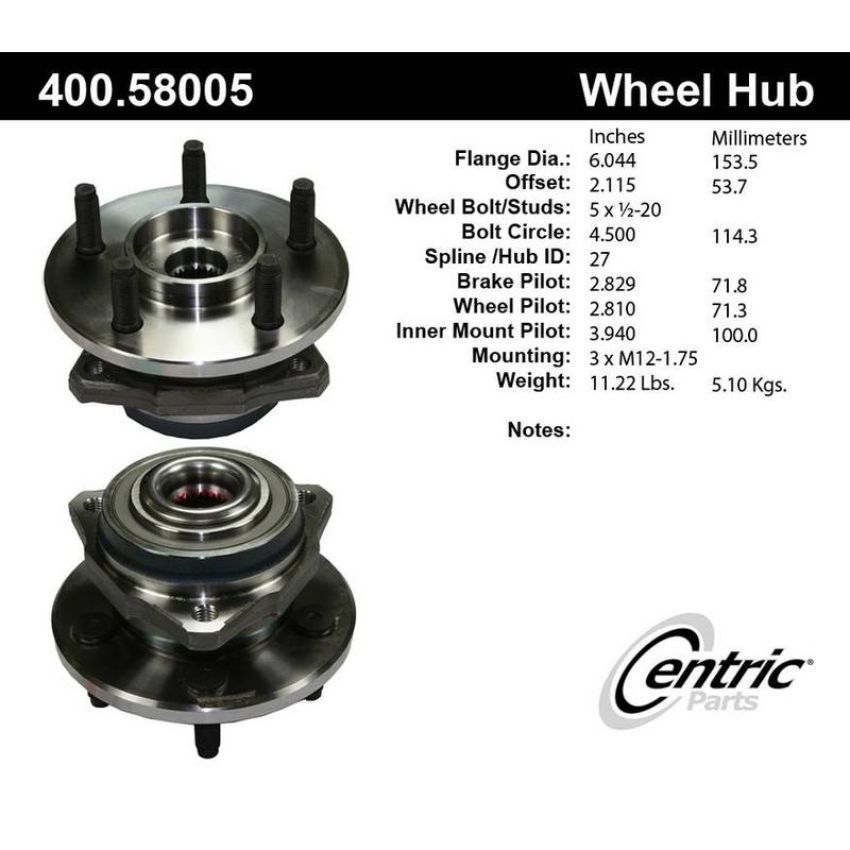 CENTRIC PARTS 400.58005 Centric Premium Hub and Bearing Assembly without ABS