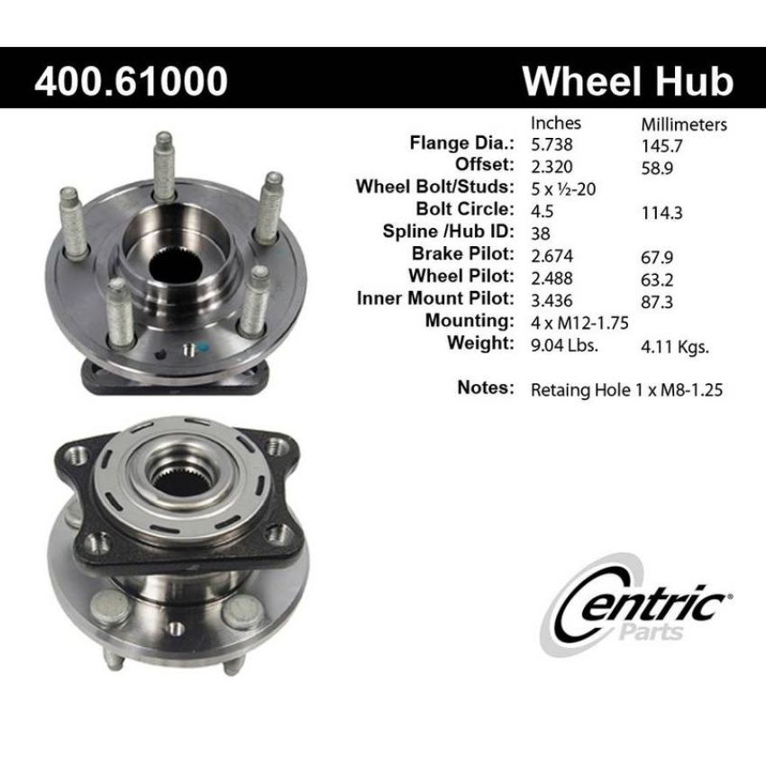 CENTRIC PARTS 400.61000 Centric Premium Hub and Bearing Assembly without ABS