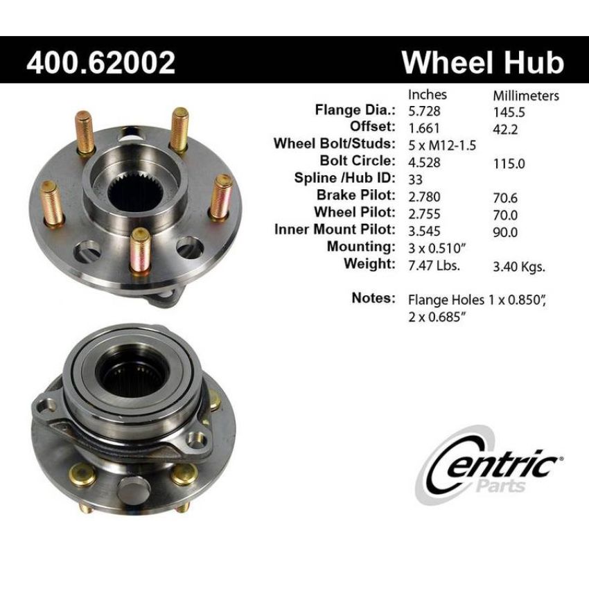 CENTRIC PARTS 400.62002 Centric Premium Hub and Bearing Assembly without ABS