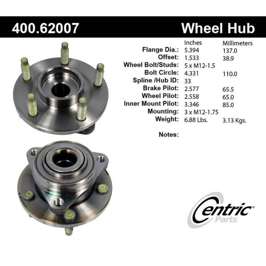 CENTRIC PARTS 400.62007 Centric Premium Hub and Bearing Assembly without ABS