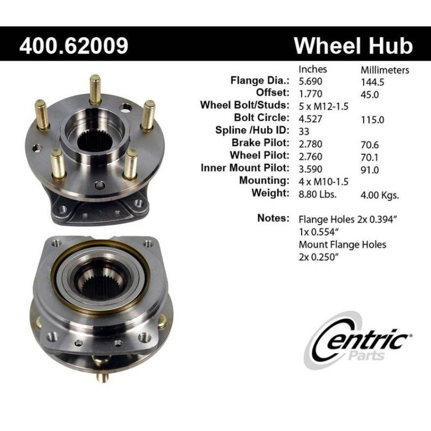 CENTRIC PARTS 400.62009 Centric Premium Hub and Bearing Assembly without ABS