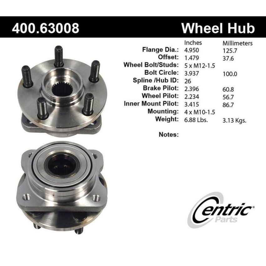 CENTRIC PARTS 400.63008 Centric Premium Hub and Bearing Assembly without ABS