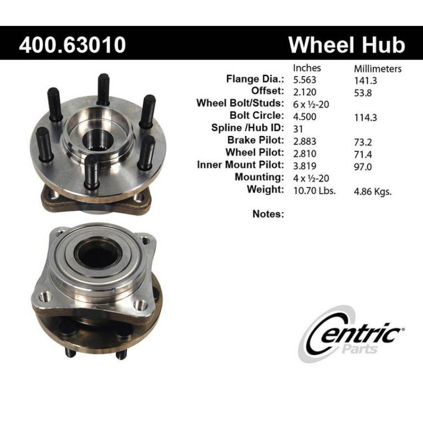 CENTRIC PARTS 400.63010 Centric Premium Hub and Bearing Assembly without ABS