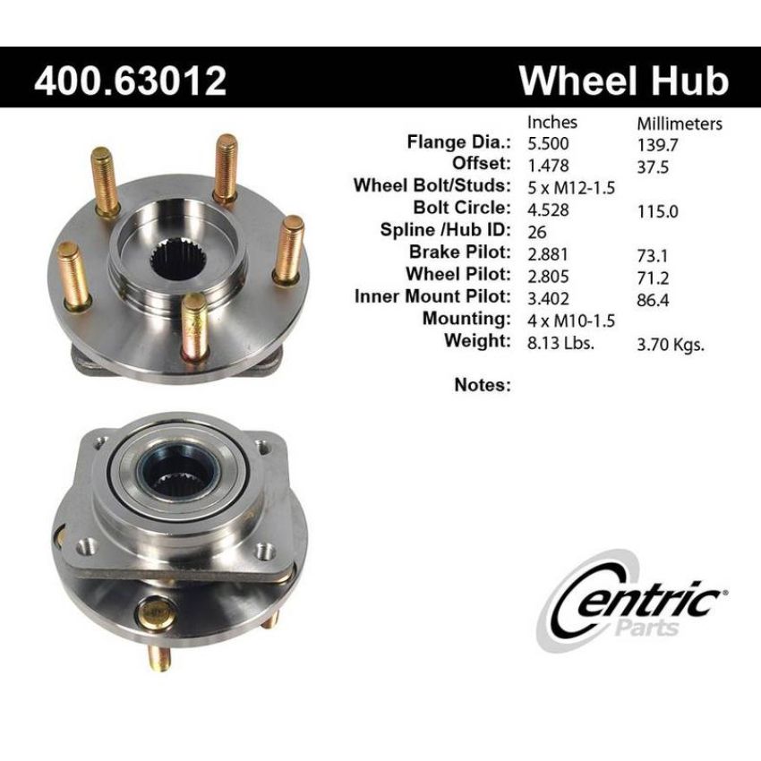 CENTRIC PARTS 400.63012 Centric Premium Hub and Bearing Assembly without ABS