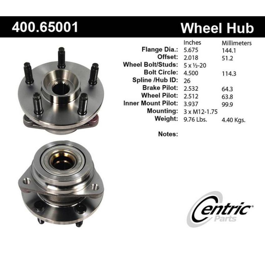 CENTRIC PARTS 400.65001 Centric Premium Hub and Bearing Assembly without ABS