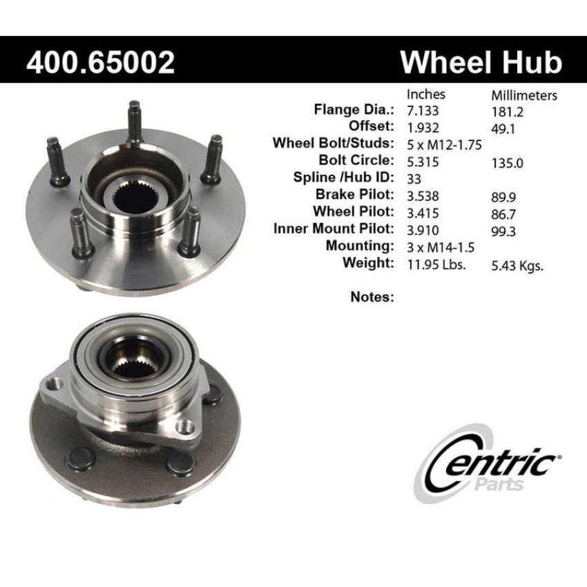 CENTRIC PARTS 400.65002 Centric Premium Hub and Bearing Assembly without ABS