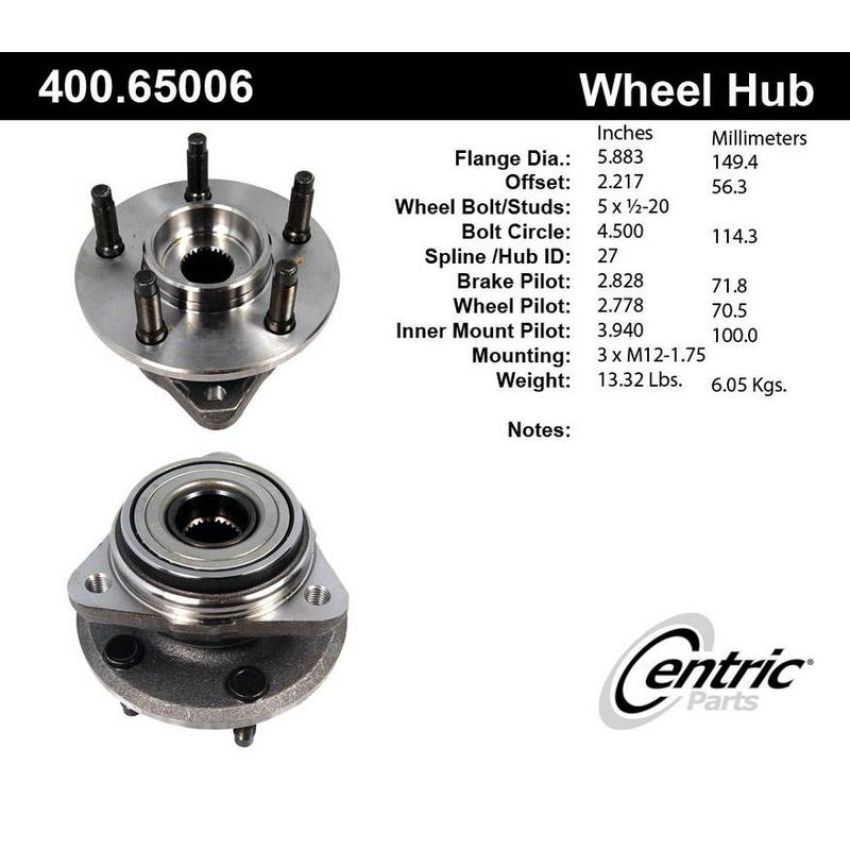 CENTRIC PARTS 400.65006 Centric Premium Hub and Bearing Assembly without ABS