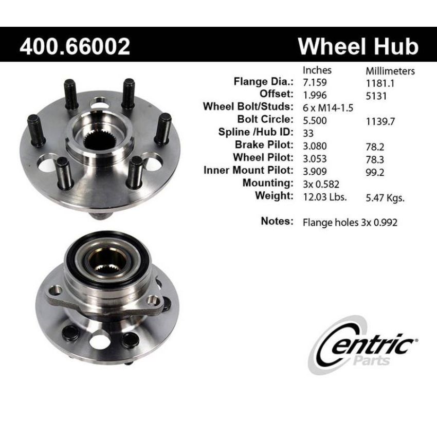 CENTRIC PARTS 400.66002 Centric Premium Hub and Bearing Assembly without ABS