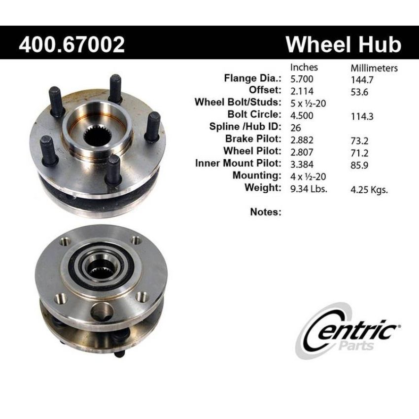 CENTRIC PARTS 400.67002 Centric Premium Hub and Bearing Assembly without ABS
