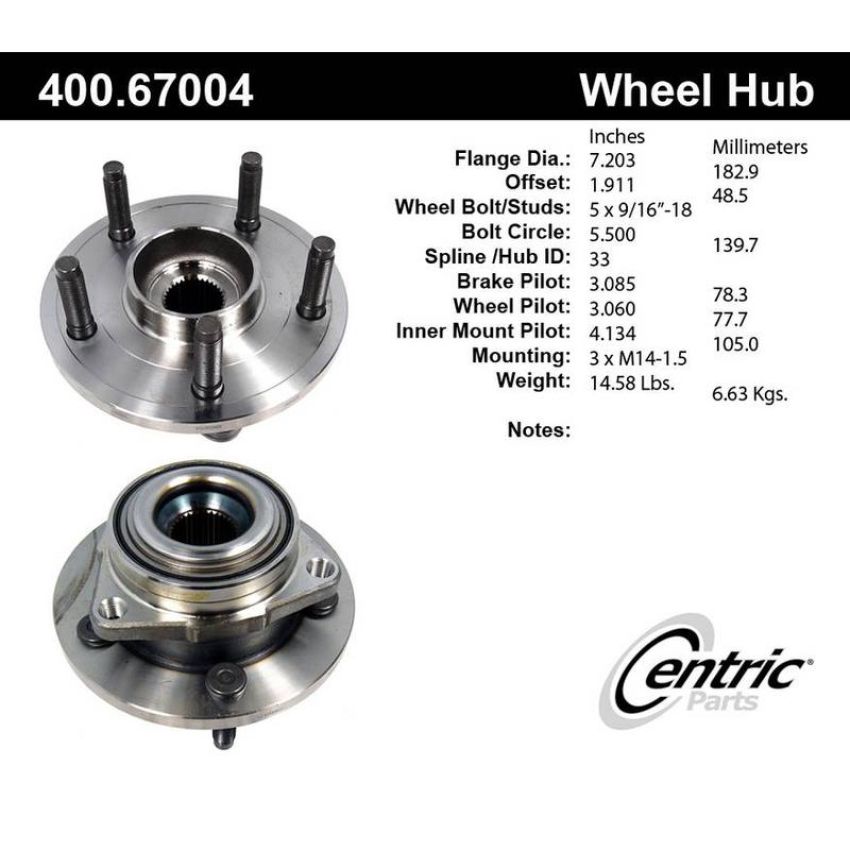 CENTRIC PARTS 400.67004 Centric Premium Hub and Bearing Assembly without ABS