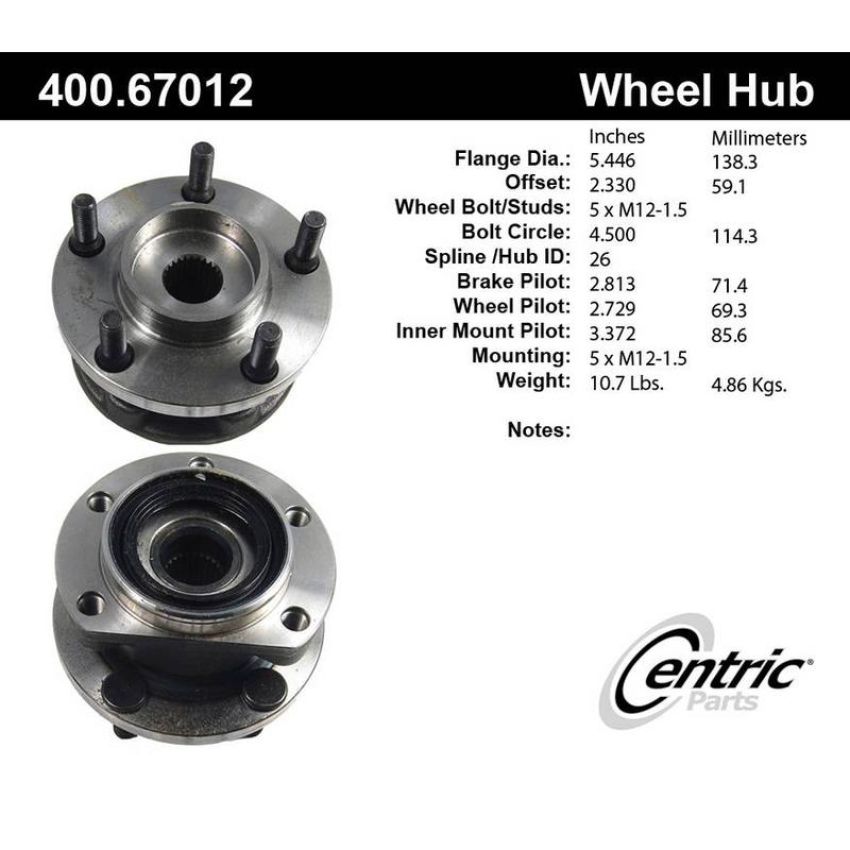 CENTRIC PARTS 400.67012 Centric Premium Hub and Bearing Assembly without ABS