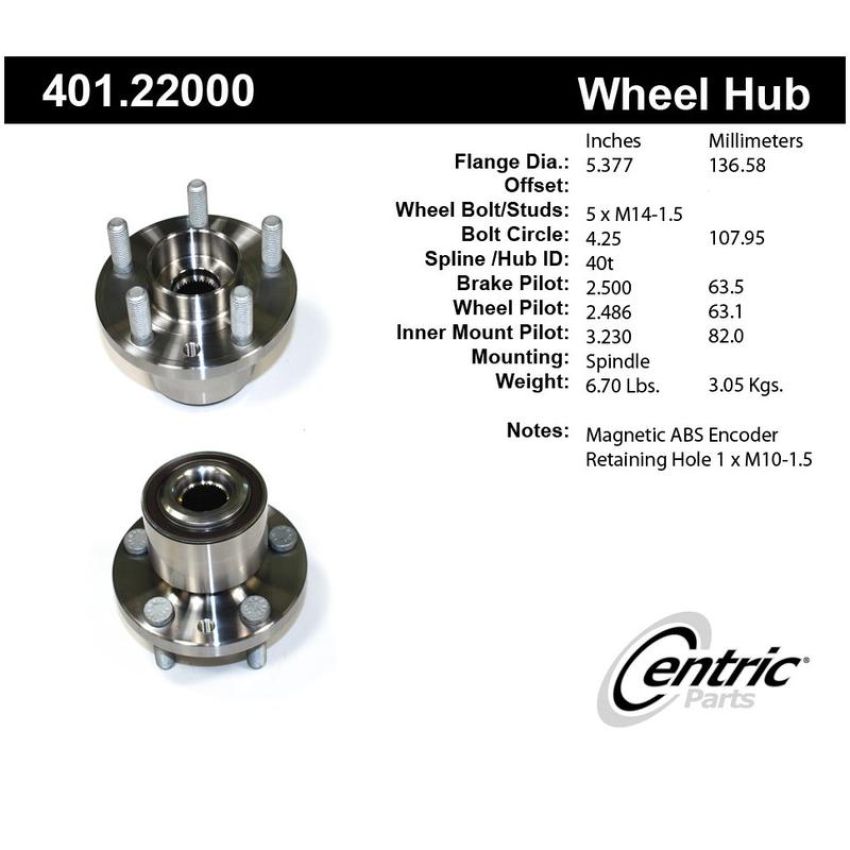 CENTRIC PARTS 401.22000 Centric Premium Hub and Bearing Assembly; With ABS Tone Ring / Encoder