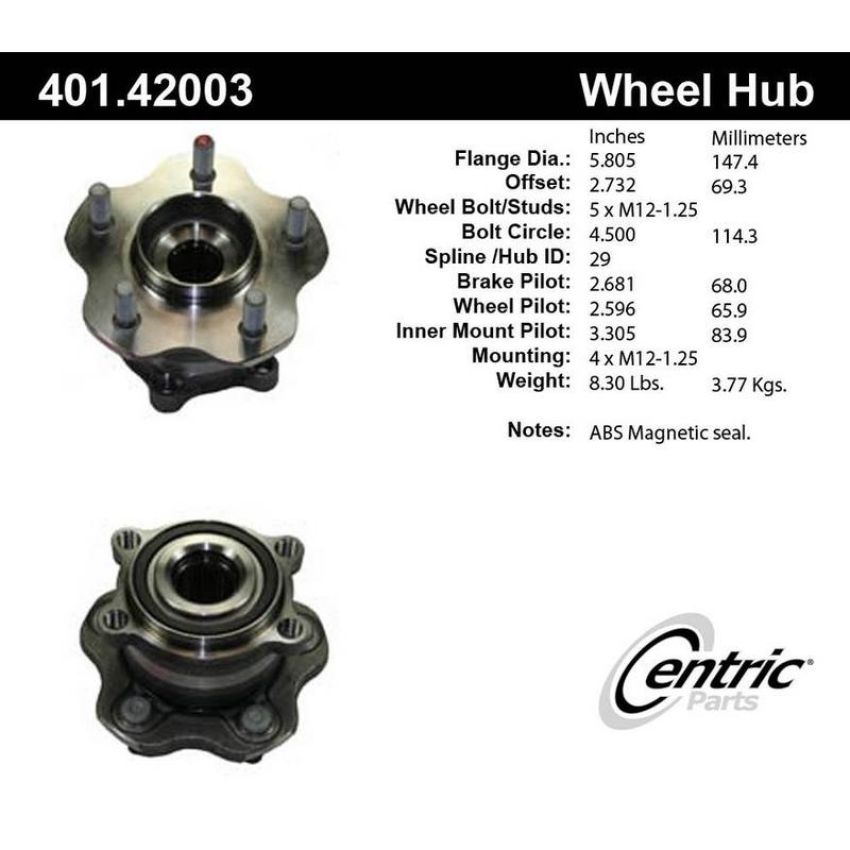 CENTRIC PARTS 401.42003 Centric Premium Hub and Bearing Assembly; With ABS Tone Ring / Encoder