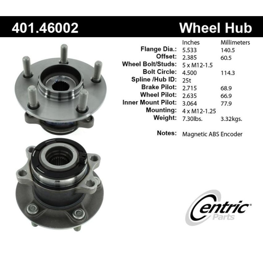 CENTRIC PARTS 401.46002 Centric Premium Hub and Bearing Assembly; With ABS Tone Ring / Encoder