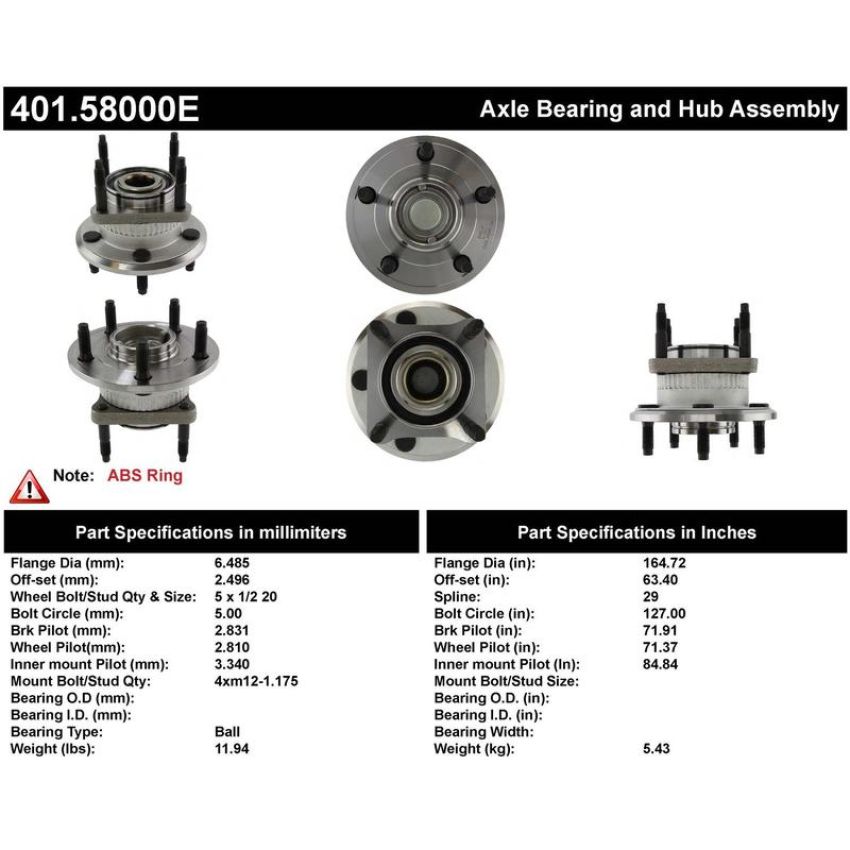 CENTRIC PARTS 401.58000E C-Tek Standard Hub and Bearing Assembly; With ABS Tone Ring / Encoder