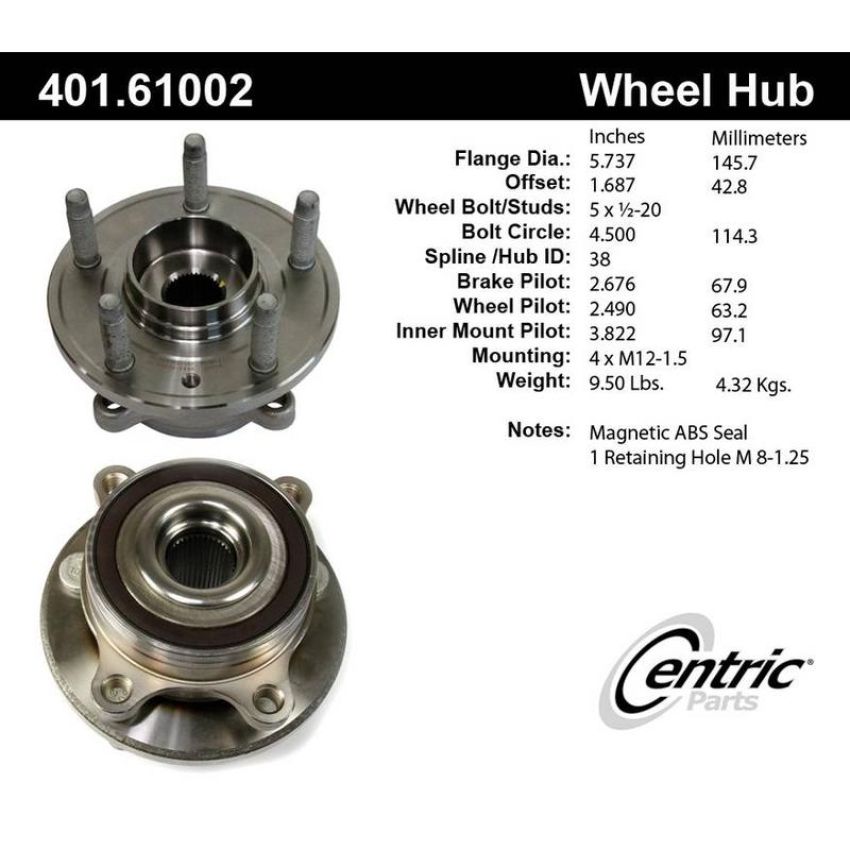 CENTRIC PARTS 401.61002 Centric Premium Hub and Bearing Assembly; With ABS Tone Ring / Encoder