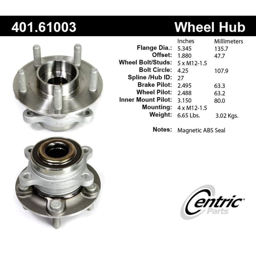 CENTRIC PARTS 401.61003 Centric Premium Hub and Bearing Assembly; With ABS Tone Ring / Encoder