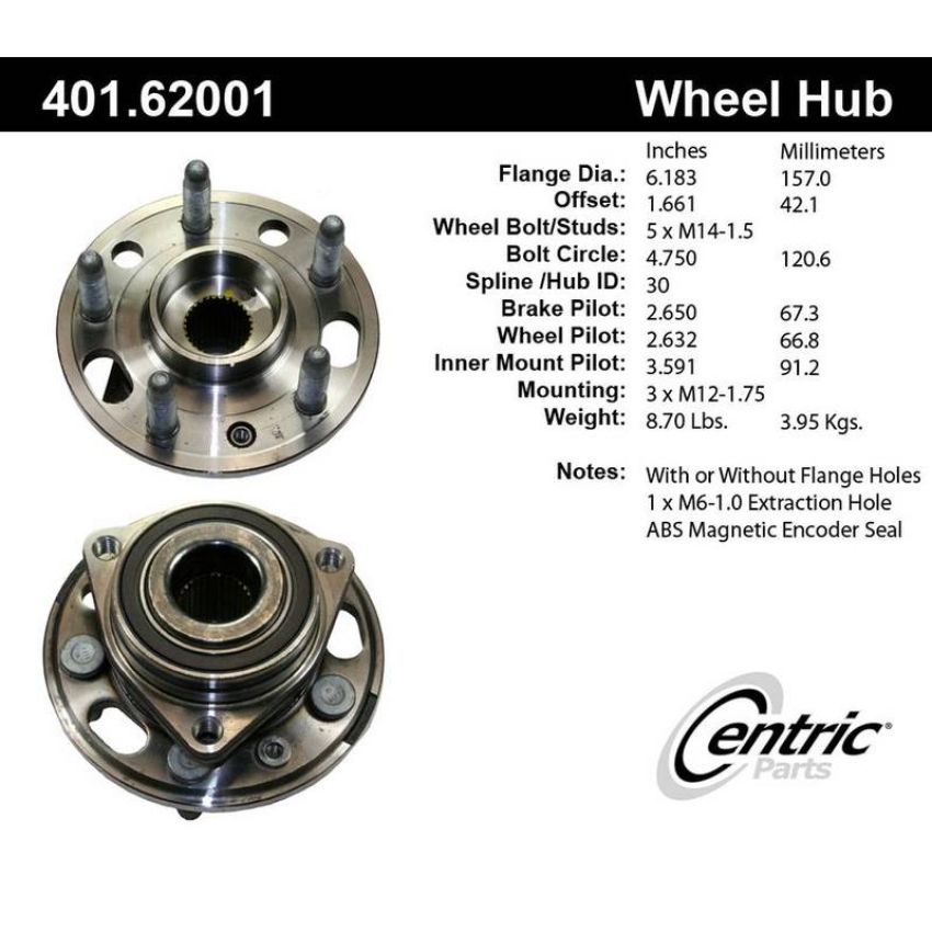 CENTRIC PARTS 401.62001 Centric Premium Hub and Bearing Assembly; With ABS Tone Ring / Encoder