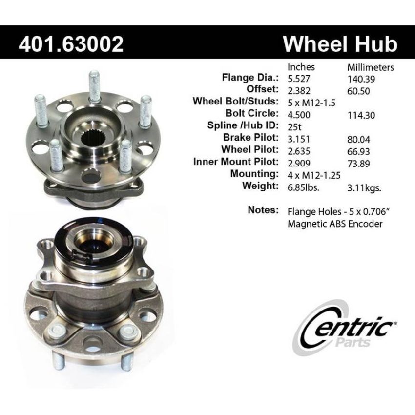 CENTRIC PARTS 401.63002 Centric Premium Hub and Bearing Assembly; With ABS Tone Ring / Encoder