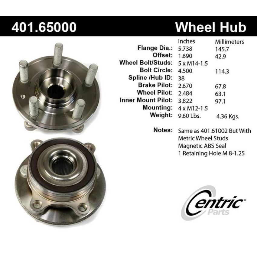 CENTRIC PARTS 401.65000 Centric Premium Hub and Bearing Assembly; With ABS Tone Ring / Encoder