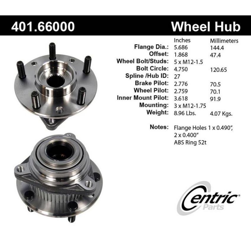 CENTRIC PARTS 401.66000 Centric Premium Hub and Bearing Assembly; With ABS Tone Ring / Encoder