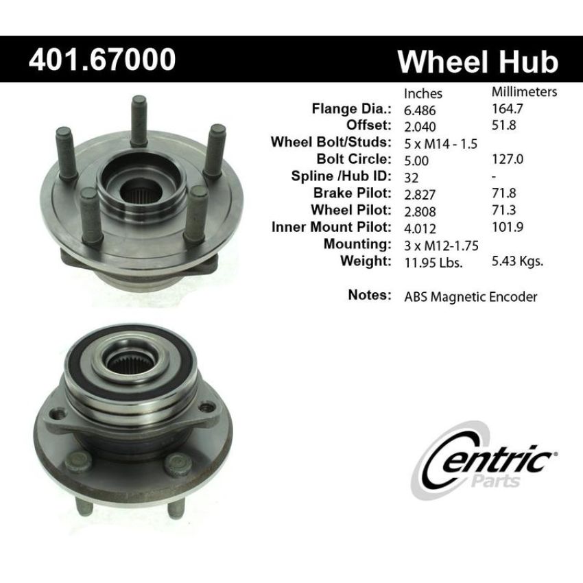 CENTRIC PARTS 401.67000 Centric Premium Hub and Bearing Assembly; With ABS Tone Ring / Encoder