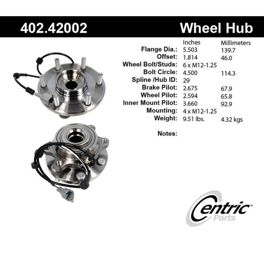CENTRIC PARTS 402.42002 Centric Premium Hub and Bearing Assembly; With Integral ABS