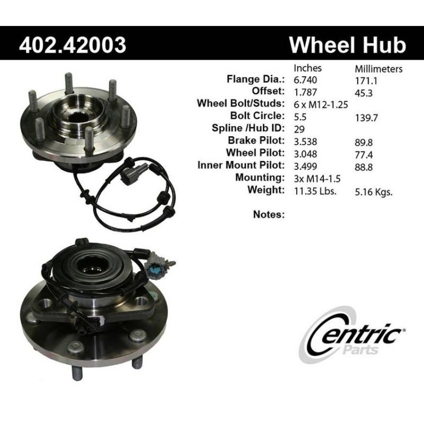 CENTRIC PARTS 402.42003 Centric Premium Hub and Bearing Assembly; With Integral ABS