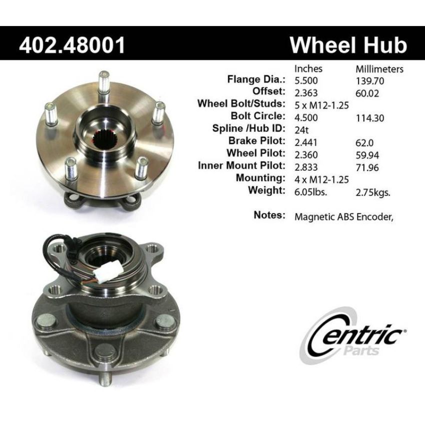 CENTRIC PARTS 402.48001 Centric Premium Hub and Bearing Assembly; With Integral ABS