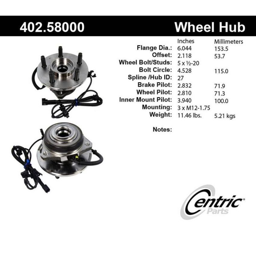 CENTRIC PARTS 402.58000 Centric Premium Hub and Bearing Assembly; With Integral ABS