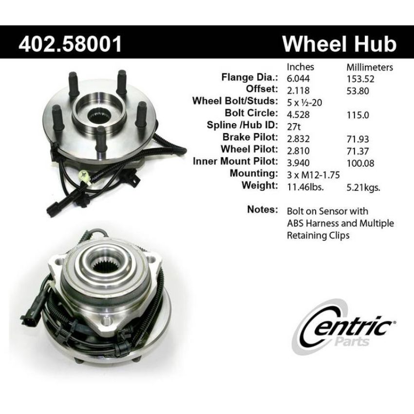 CENTRIC PARTS 402.58001 Centric Premium Hub and Bearing Assembly; With Integral ABS