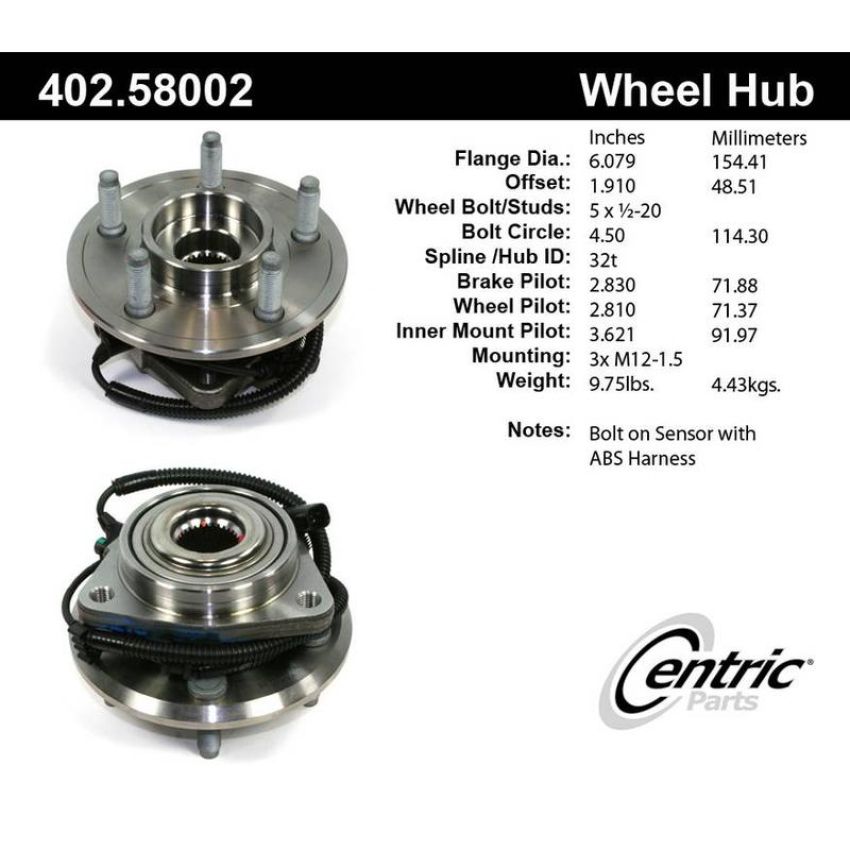 CENTRIC PARTS 402.58002 Centric Premium Hub and Bearing Assembly; With Integral ABS