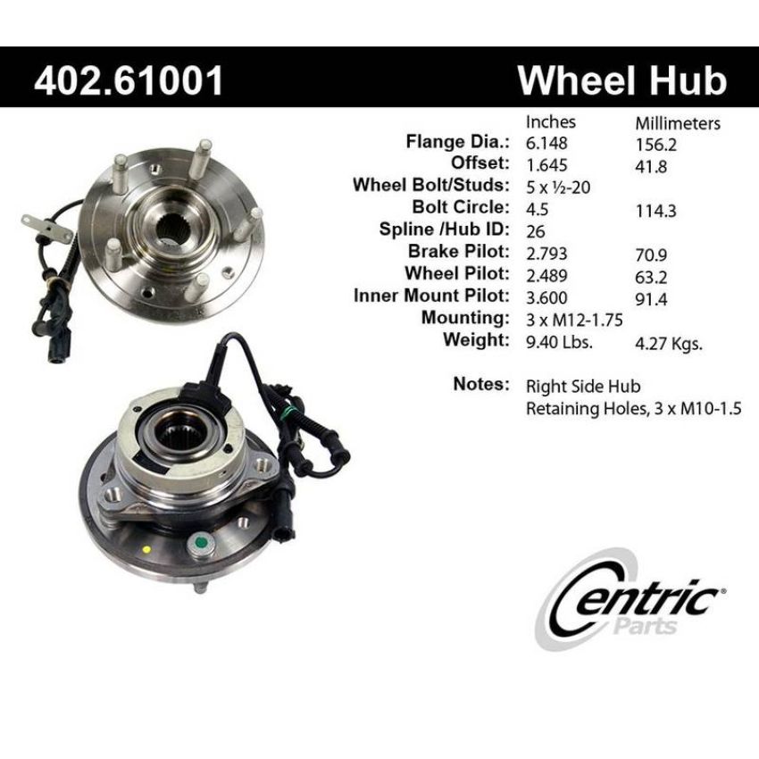 CENTRIC PARTS 402.61001 Centric Premium Hub and Bearing Assembly; With Integral ABS