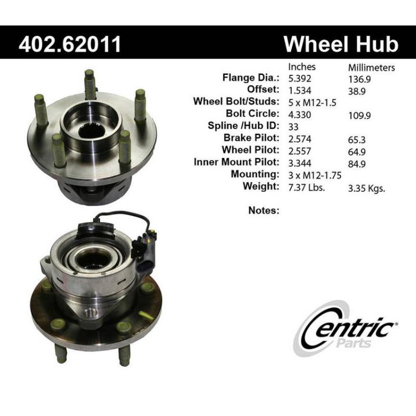 CENTRIC PARTS 402.62011 Centric Premium Hub and Bearing Assembly; With Integral ABS