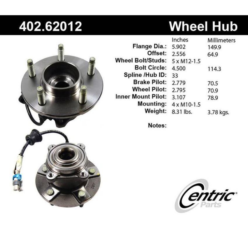 CENTRIC PARTS 402.62012 Centric Premium Hub and Bearing Assembly; With Integral ABS