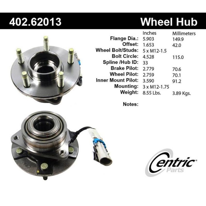CENTRIC PARTS 402.62013 Centric Premium Hub and Bearing Assembly; With Integral ABS