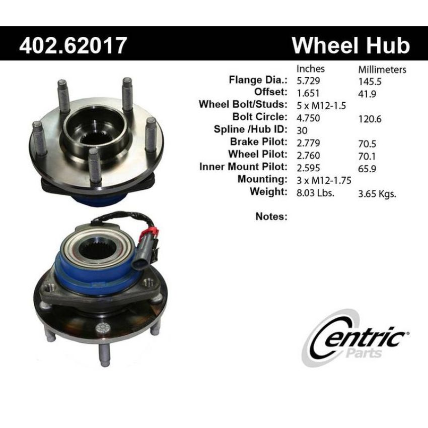 CENTRIC PARTS 402.62017 Centric Premium Hub and Bearing Assembly; With Integral ABS