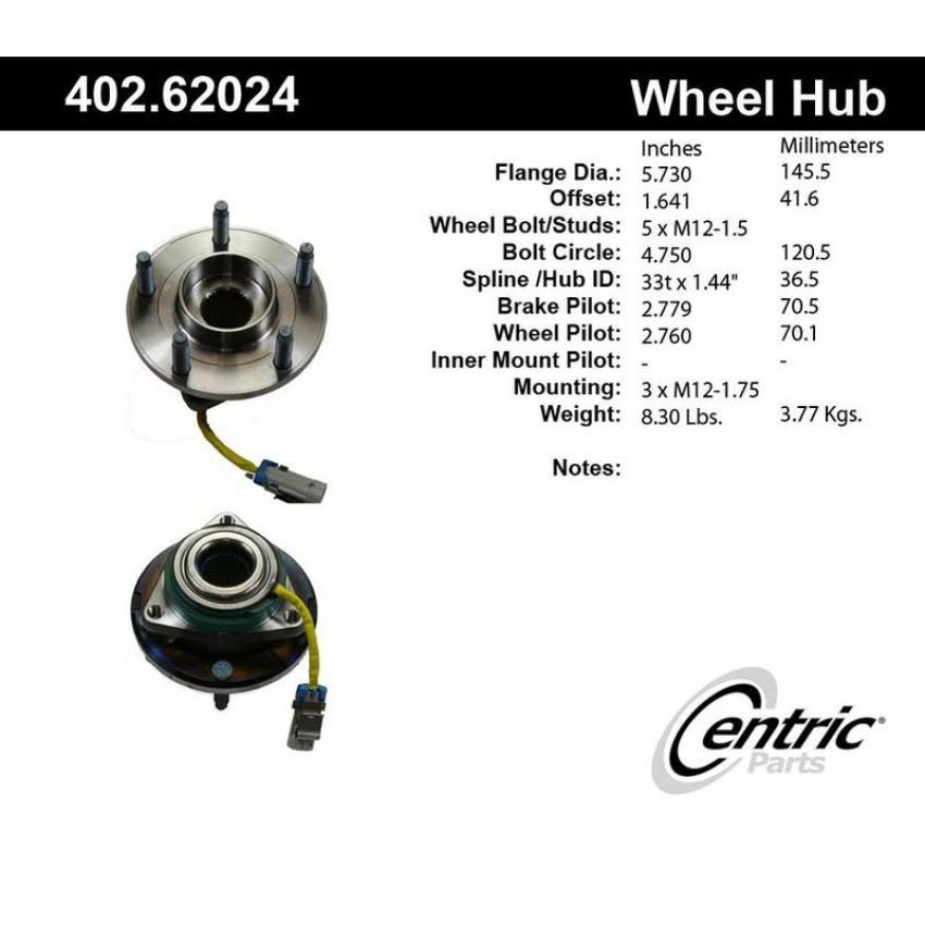 CENTRIC PARTS 402.62024 Centric Premium Hub and Bearing Assembly; With Integral ABS