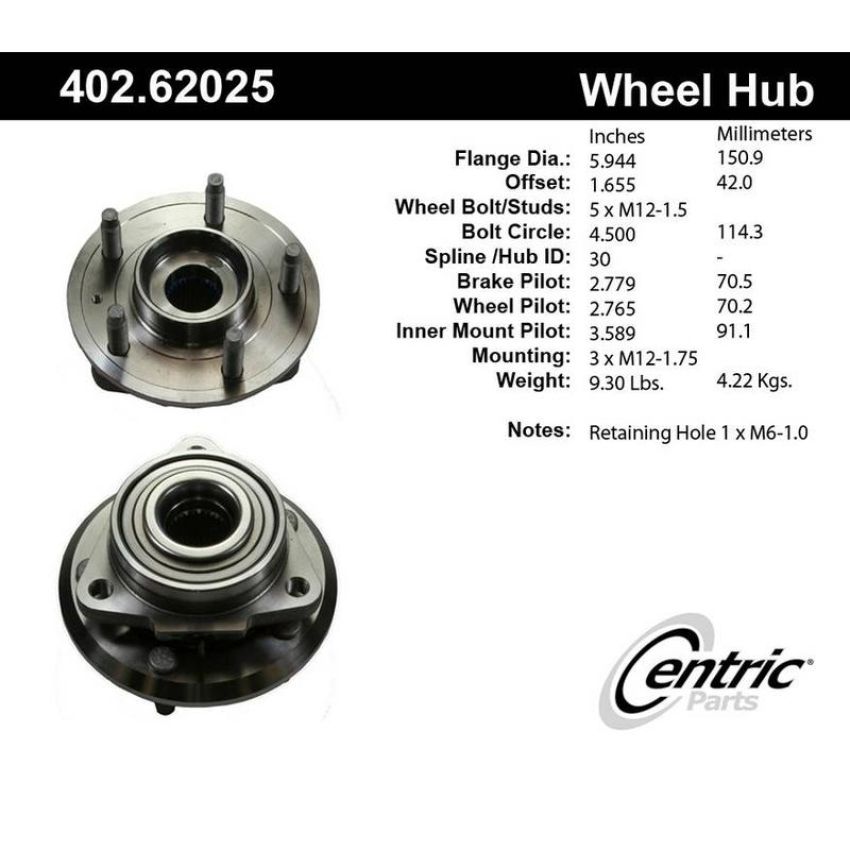 CENTRIC PARTS 402.62025 Centric Premium Hub and Bearing Assembly