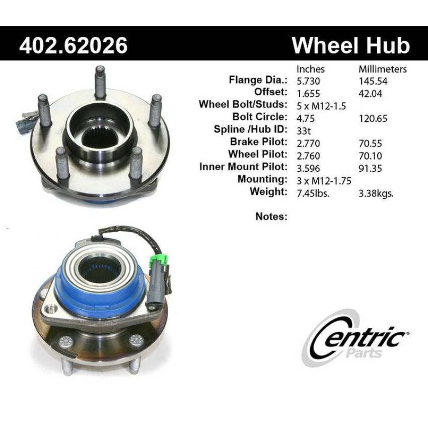 CENTRIC PARTS 402.62026 Centric Premium Hub and Bearing Assembly; With Integral ABS