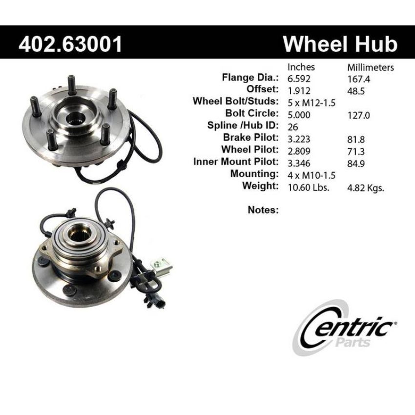 CENTRIC PARTS 402.63001 Centric Premium Hub and Bearing Assembly; With Integral ABS