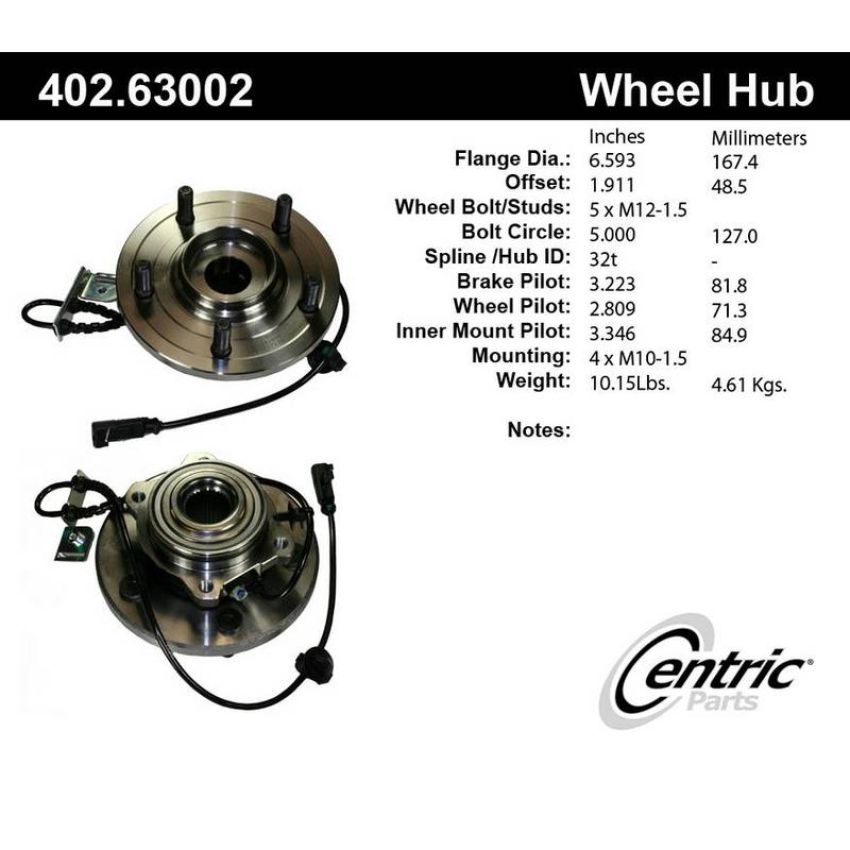 CENTRIC PARTS 402.63002 Centric Premium Hub and Bearing Assembly; With Integral ABS