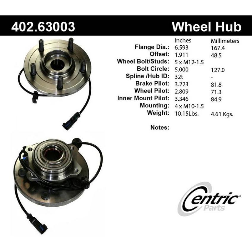 CENTRIC PARTS 402.63003 Centric Premium Hub and Bearing Assembly; With Integral ABS