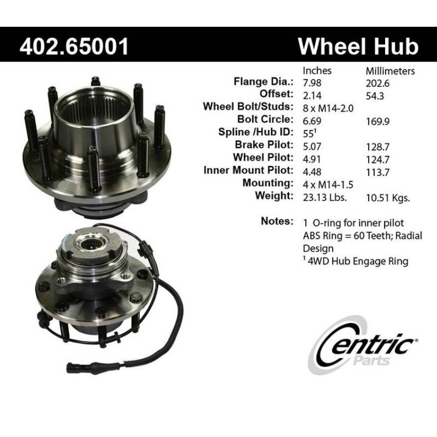 CENTRIC PARTS 402.65001 Centric Premium Hub and Bearing Assembly; With Integral ABS