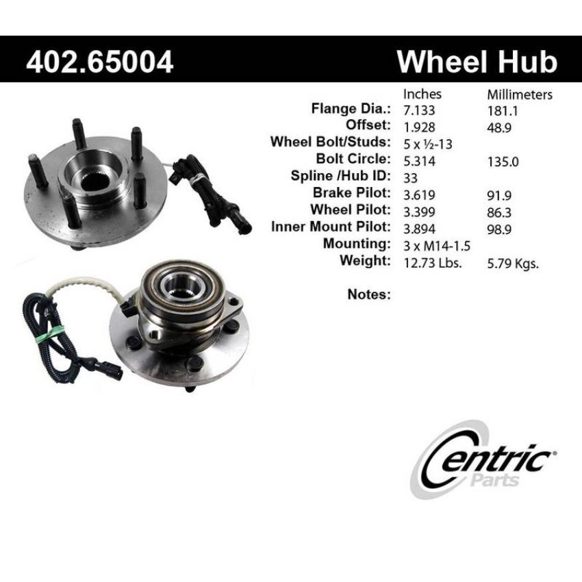 CENTRIC PARTS 402.65004 Centric Premium Hub and Bearing Assembly; With Integral ABS